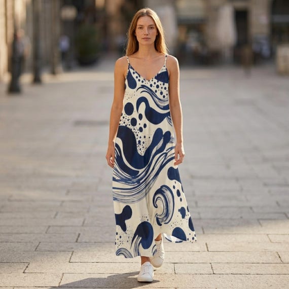 Slip Maxi Dress Women Blue White – Ankle Length Summer Beach Vacation Elegant Long Dress