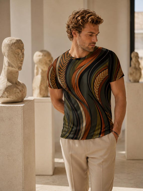Men’s 70s Retro Wave T-Shirt, Brown Orange Abstract Cotton Tee, Groovy Geometric Shirt