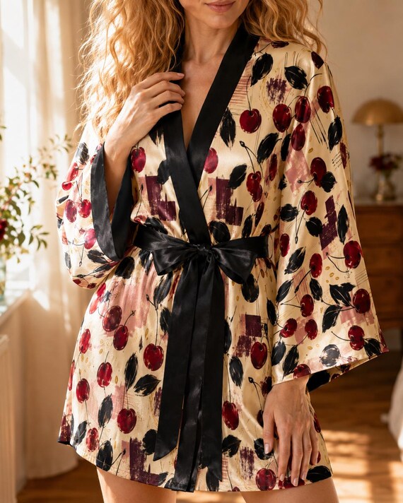 Cherry Bridesmaid Robe, Satin Kimono Robe, Wedding Getting Ready Gown