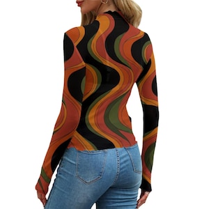 70s Retro Swirl Mesh Top, Sheer Long Sleeve Mock Neck Shirt, Orange Abstract Festival Top, Night Out Layering Top image 12