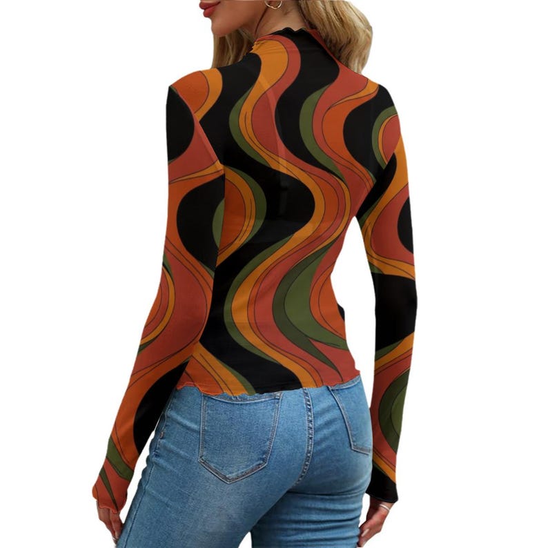 70s Retro Swirl Mesh Top, Sheer Long Sleeve Mock Neck Shirt, Orange Abstract Festival Top, Night Out Layering Top image 12