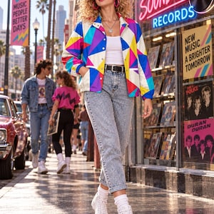 Puede incluir: Una chaqueta cortavientos de colores vivos con un patr&oacute;n geom&eacute;trico de tri&aacute;ngulos azules, rosas, amarillos y blancos. La chaqueta se lleva sobre una camiseta de tirantes blanca lisa con vaqueros azules de lavado &aacute;cido, cintur&oacute;n negro y zapatillas blancas.