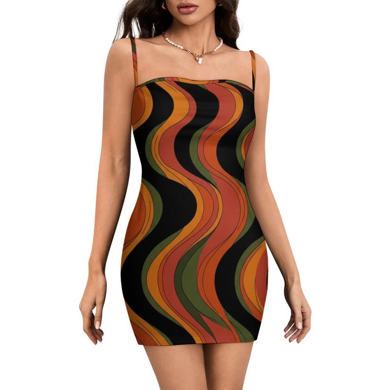 Retro Wave Strappy Mini Dress, 70s Abstract Swirl Summer Party Vacation image 12