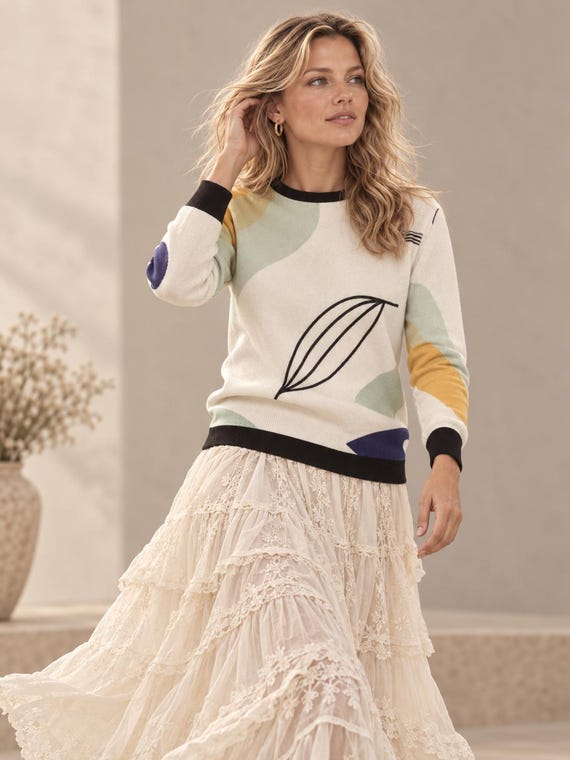 Abstract Botanical Women’s Sweatshirt, Scandinavian Color Block Crewneck, Modern Art Pullover