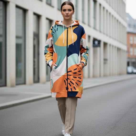 Womens Long Cardigan | Abstract Art Geometric Bohemian Lightweight Kimono Style Coat