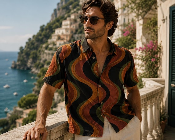 Retro Wave Cotton Resort Shirt, 70s Artistic Vacation Menswear, Mediterranean Summer Style