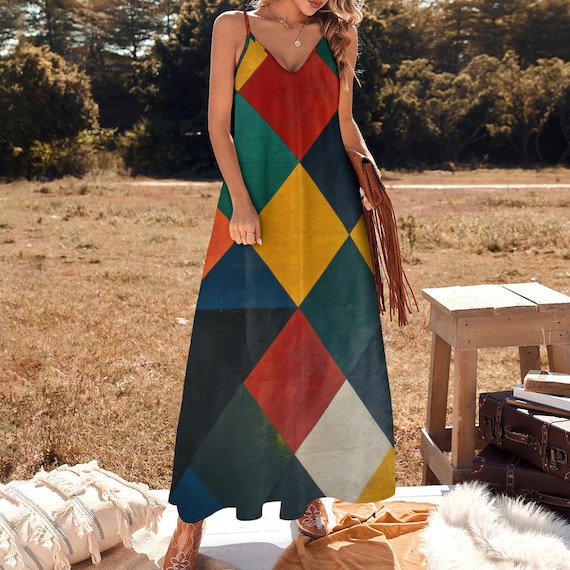 Harlequin Diamond Print Maxi Dress – Colorful Geometric Long Dress, Artistic Boho Style