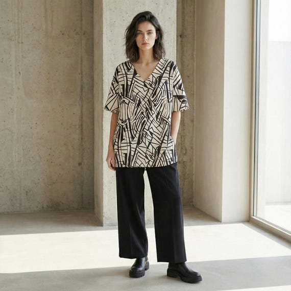 Architectural Geometric Print Tunic, 100% Cotton Loose Fit Top