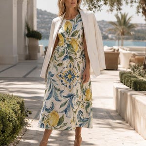 May include: A sleeveless midi dress featuring a white base with a vibrant print of yellow lemons, green leaves, and blue floral scrollwork patterns, paired with a solid white blazer draped over the shoulders and beige strappy sandals.