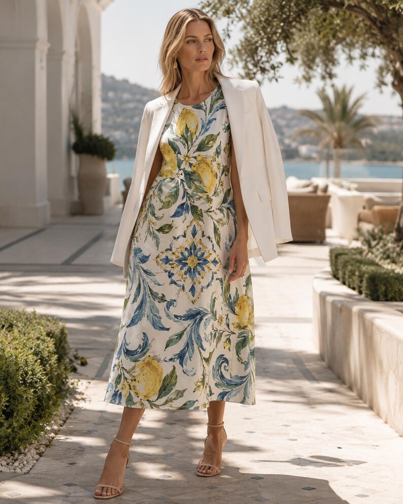 May include: A sleeveless midi dress featuring a white base with a vibrant print of yellow lemons, green leaves, and blue floral scrollwork patterns, paired with a solid white blazer draped over the shoulders and beige strappy sandals.