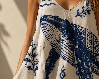 Humpback Whale Print Maxi Dress, Blue and White Mediterranean Resort Wear