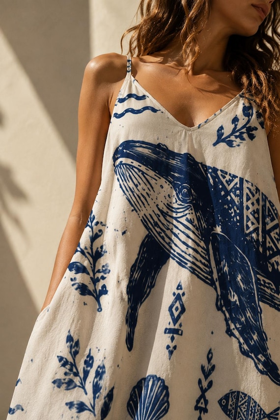 Mediterranean Whale Maxi Dress, Coastal Resort Dress Women, Blue White Ocean Art Dress, Greek Island Vacation Outfit, Relaxed Boutique Style