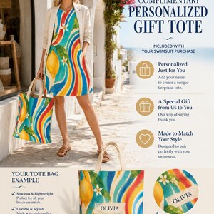 May include: A tote bag featuring a vibrant pattern of yellow lemons, green leaves, and white flowers against swirling blue, red, and yellow waves. The bag includes a rectangular white label with the name OLIVIA printed in black capital letters.