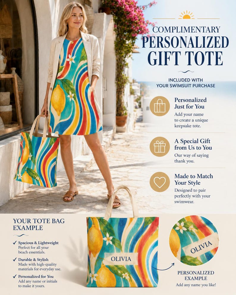 May include: A tote bag featuring a vibrant pattern of yellow lemons, green leaves, and white flowers against swirling blue, red, and yellow waves. The bag includes a rectangular white label with the name OLIVIA printed in black capital letters.
