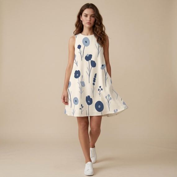 Blue Floral Mini Dress With Pockets, Scandinavian Sleeveless A-Line Dress, Minimal Summer Outfit