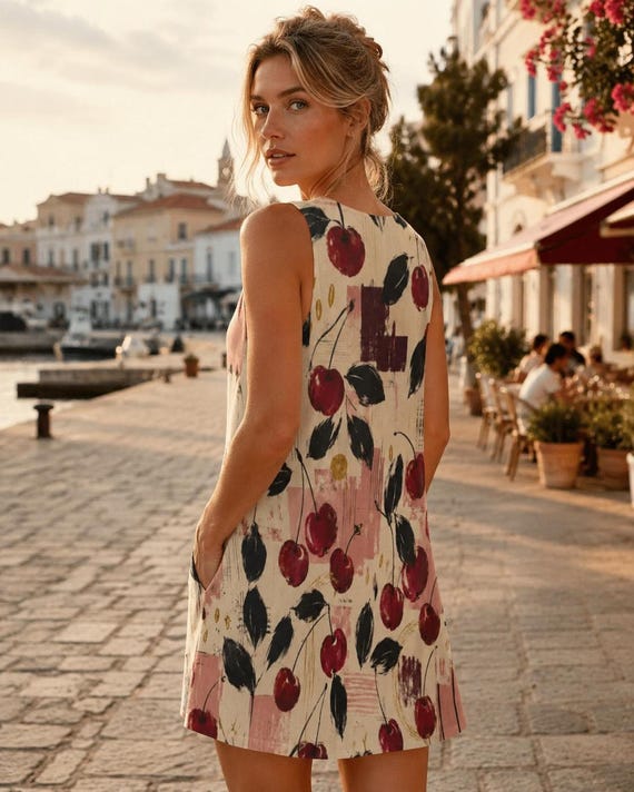 Cherry Print Dress with Pockets, Sleeveless A-Line Mini