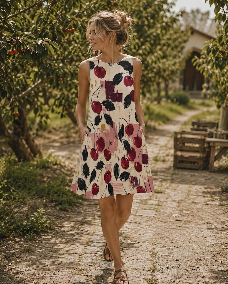A woman in a cream, red, and black cherry print A-line mini dress with pockets walks on a dirt path through an orchard.