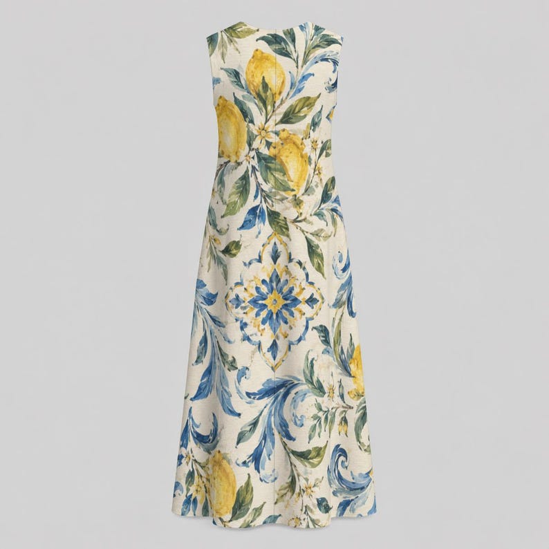 Amalfi Lemon Tile Midi Dress, Sleeveless Cotton Slub A-Line Vacation Resort image 14