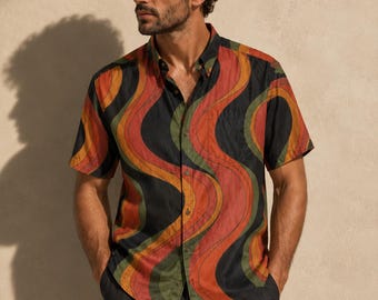 Retro Wave Cotton Resort Shirt, 70s Artistic Vacation Menswear, Mediterranean Summer Style