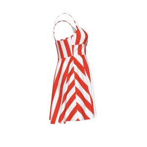 Red White Cabana Stripe Cami Dress, V-Neck Cross Strap Resort Wear image 14