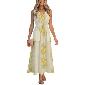 Lemon Maxi Dress, Watercolor Citrus Print, Sleeveless V-Neck, Pockets, Resort Style image 11