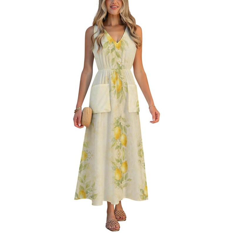 Lemon Maxi Dress, Watercolor Citrus Print, Sleeveless V-Neck, Pockets, Resort Style image 11