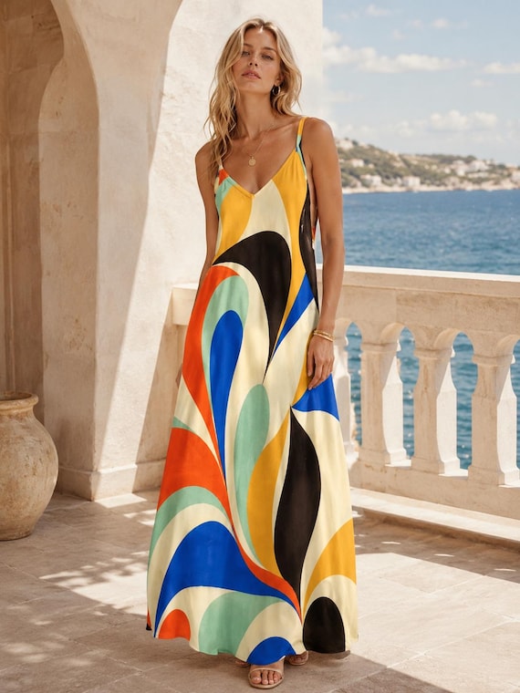 Abstract Maxi Dress, Retro Color Block