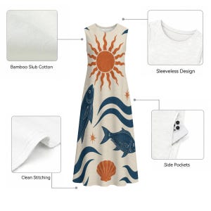 Mediterranean Fish Print Midi Dress, Cotton Slub Resort Dress with Pockets image 16