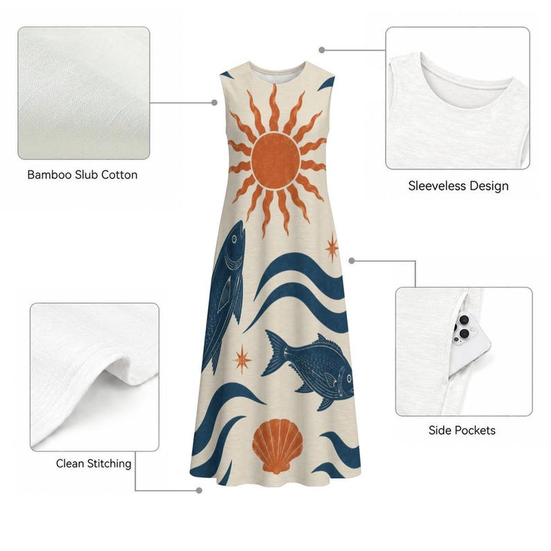 Mediterranean Fish Print Midi Dress, Cotton Slub Resort Dress with Pockets image 16