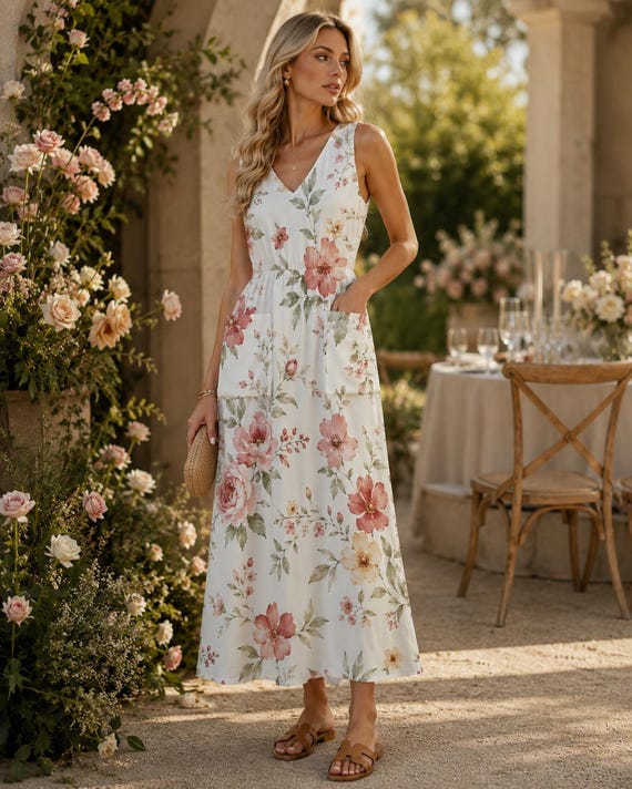 Floral Maxi Dress with Pockets, Watercolor Garden Party Summer Vacation Dress