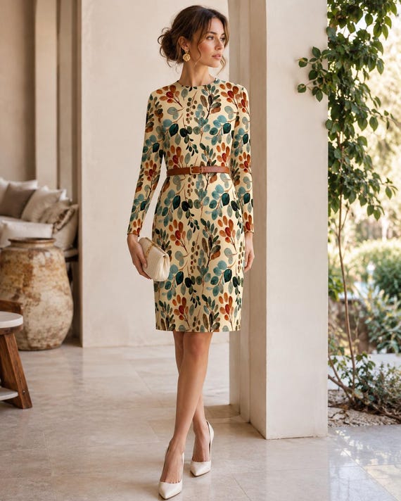 Cream Botanical Mini Dress, Long Sleeve Watercolor Leaf Print