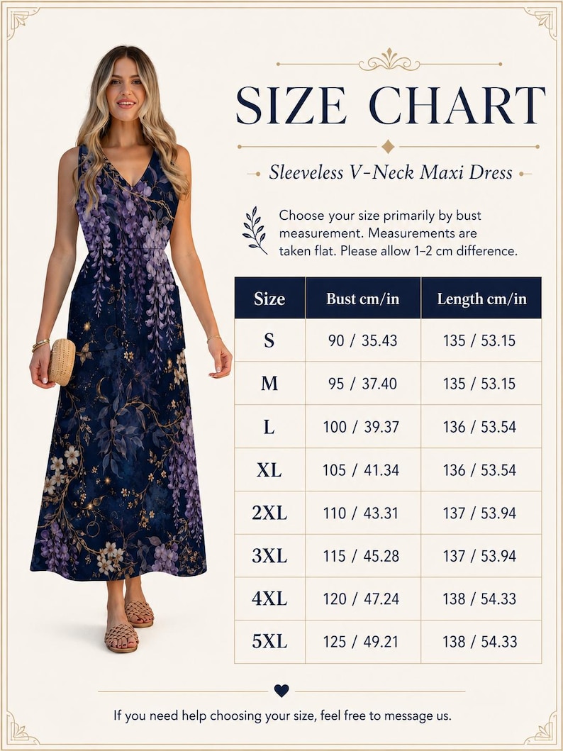 May include: A sleeveless V-neck maxi dress featuring a dark blue background with a purple floral pattern. The image includes a size chart with measurements in cm and inches, ranging from size S to 5XL, with bust sizes from 35.43 to 49.21 inches.