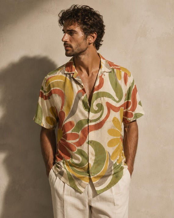 Men's Cotton Resort Shirt, Retro Floral Vacation Button Up, Mediterranean Summer Camp Collar