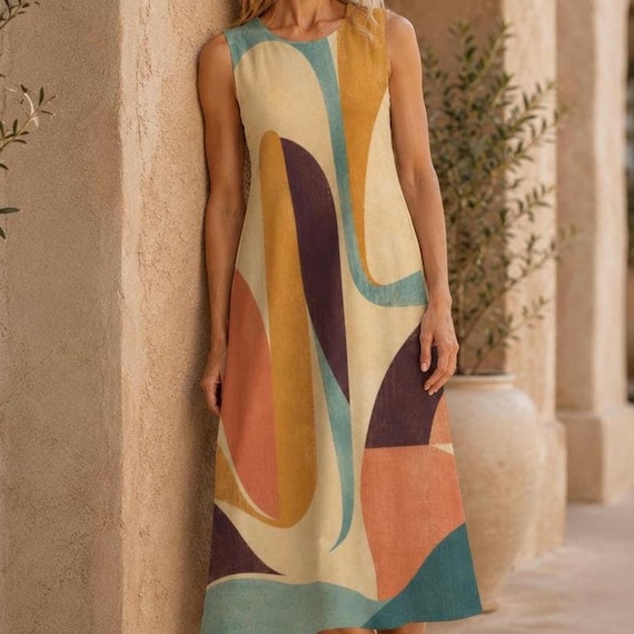 60s Mod Cotton Midi Dress with Pockets, Retro Color Block Dress