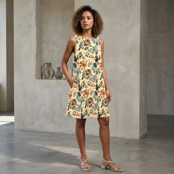 Boho Botanical A-Line Mini Dress, Elegant Sleeveless Summer Dress with Pockets