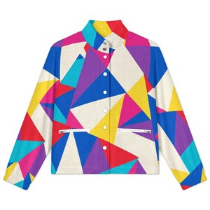 Chaqueta polar geométrica de los 80 para mujer, chaqueta retro con bloques de color, prenda de abrigo de otoño. imagen 18