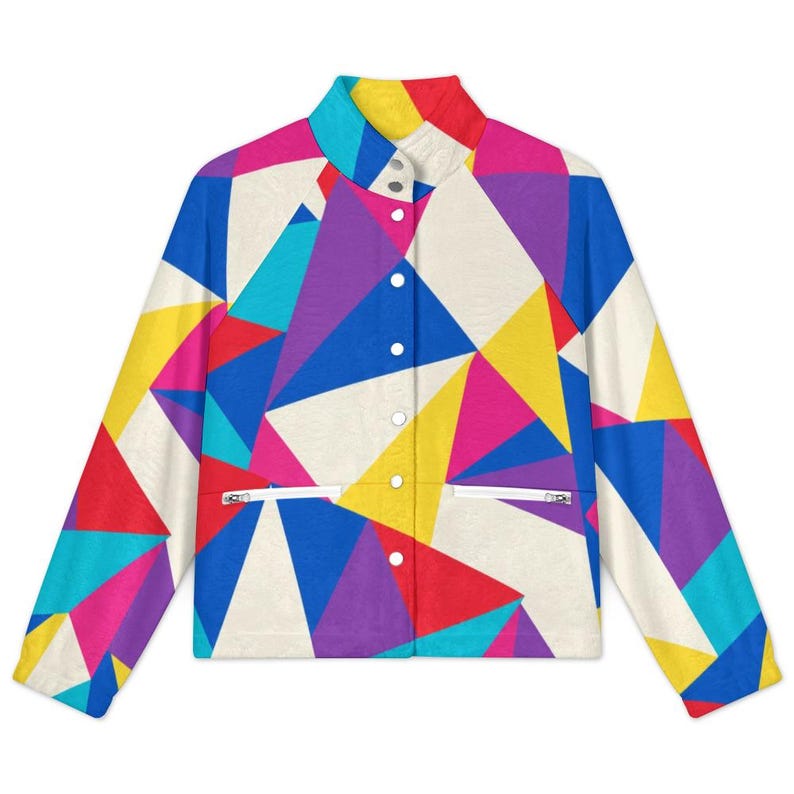 Chaqueta polar geométrica de los 80 para mujer, chaqueta retro con bloques de color, prenda de abrigo de otoño. imagen 18