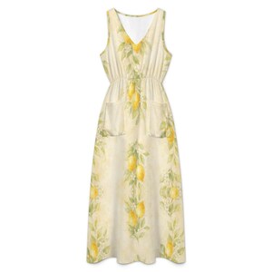 Lemon Maxi Dress, Watercolor Citrus Print, Sleeveless V-Neck, Pockets, Resort Style image 9