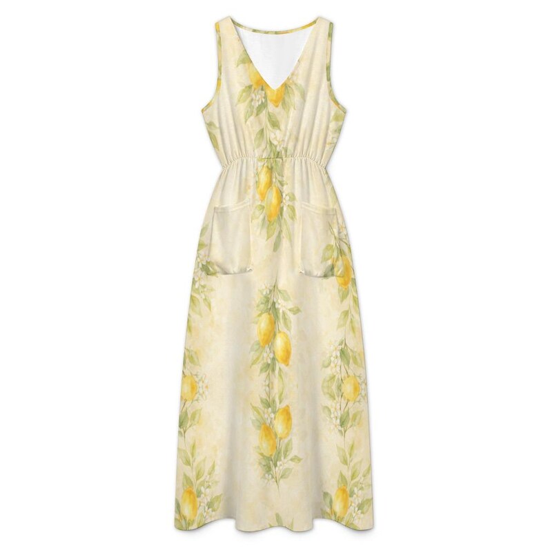 Lemon Maxi Dress, Watercolor Citrus Print, Sleeveless V-Neck, Pockets, Resort Style image 9