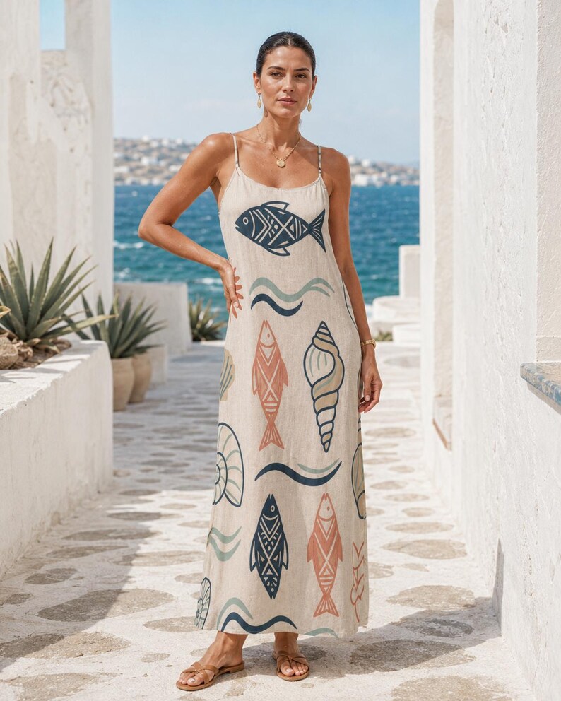 May include: A beige maxi dress featuring thin spaghetti straps and a scoop neckline. The fabric is decorated with a repeating pattern of stylized fish, seashells, and wavy lines in shades of dark blue, muted orange, and soft green throughout.