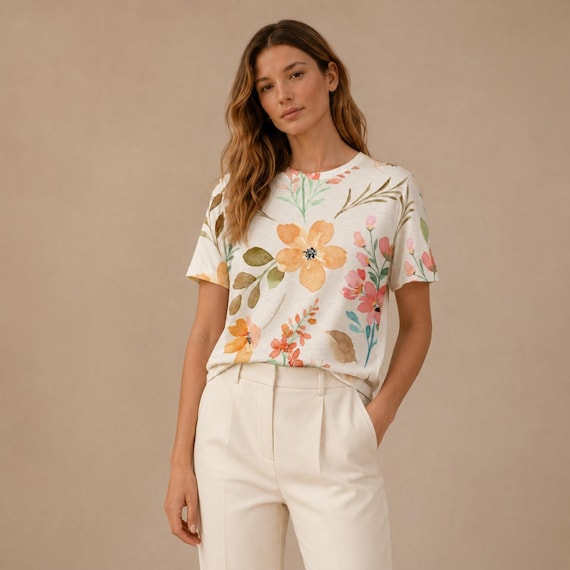 Botanical Shirt for Women, Hand Painted Flower Tee, Soft Watercolor Cotton T-Shirt, Cottagecore Floral Outfit