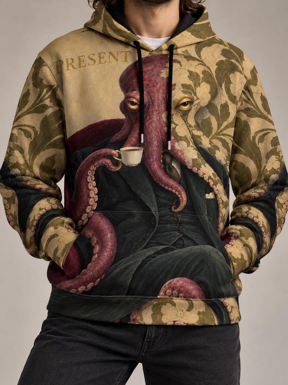Surreal Octopus Portrait Cotton Hoodie, Unisex Vintage Art Pullover