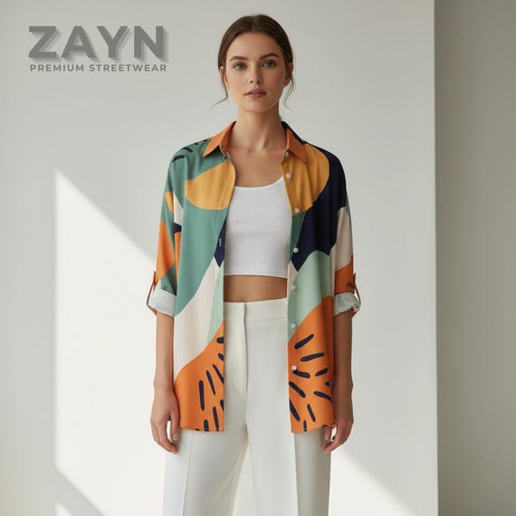 Abstract Boho Art Print Shirt | Unisex Geometric Button-Down, Gallery Color Block Top