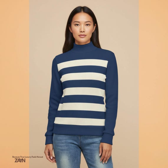 Navy & Cream Striped Turtleneck Sweater, Minimalist Quiet Luxury Winter Knit, Nautical Style