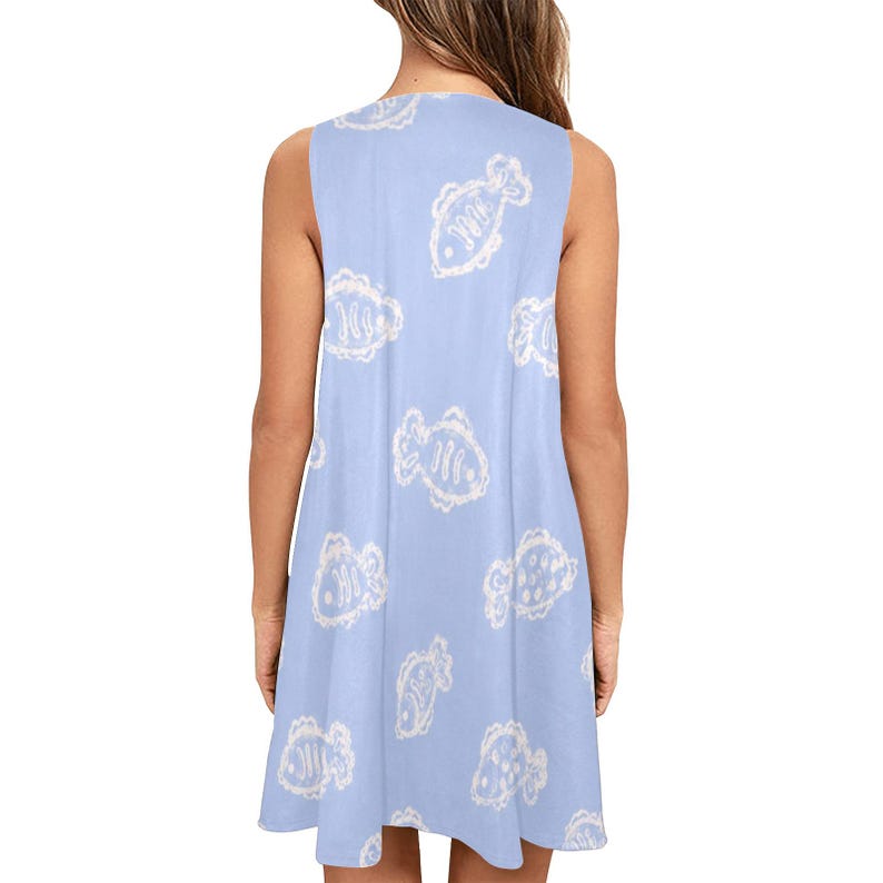 Custom Powder Blue Fish Print Sleeveless A-Line Dress with Pockets image 13