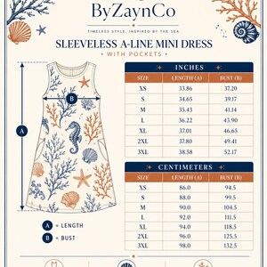 May include: A sleeveless A-line mini dress with pockets, featuring a cream background with a blue and orange marine life print including seahorses, starfish, and seashells. Includes a size chart with measurements in inches for sizes XS to 3XL.