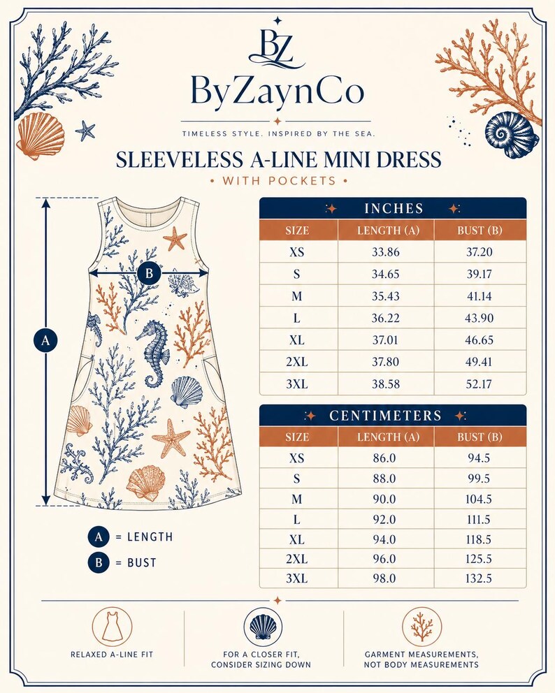 May include: A sleeveless A-line mini dress with pockets, featuring a cream background with a blue and orange marine life print including seahorses, starfish, and seashells. Includes a size chart with measurements in inches for sizes XS to 3XL.