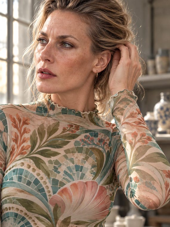 Teal Art Nouveau Floral Mesh Top, Sheer Long Sleeve Mock Neck Shirt