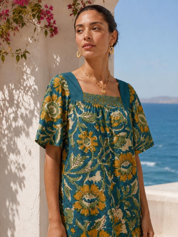Teal Floral Square-Neck Midi Dress, Tiered Hem