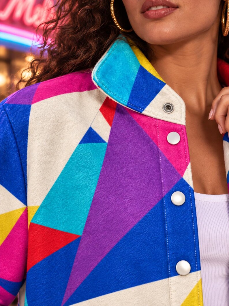 Puede incluir: Una chaqueta con un vibrante patr&oacute;n geom&eacute;trico de tri&aacute;ngulos en tonos rosa brillante, morado, azul real, cian, amarillo y blanco roto. La prenda cuenta con un cuello vuelto y una tapeta frontal con botones de presi&oacute;n de color plateado.